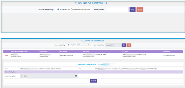 Closing ewaybill by login
